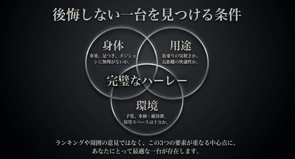 画像タイトル: 後悔しない一台を見つける条件
代替テキスト: 身体、用途、環境の3つの要素が重なる中心に、後悔しないバイク選びの条件があることを示したスライド