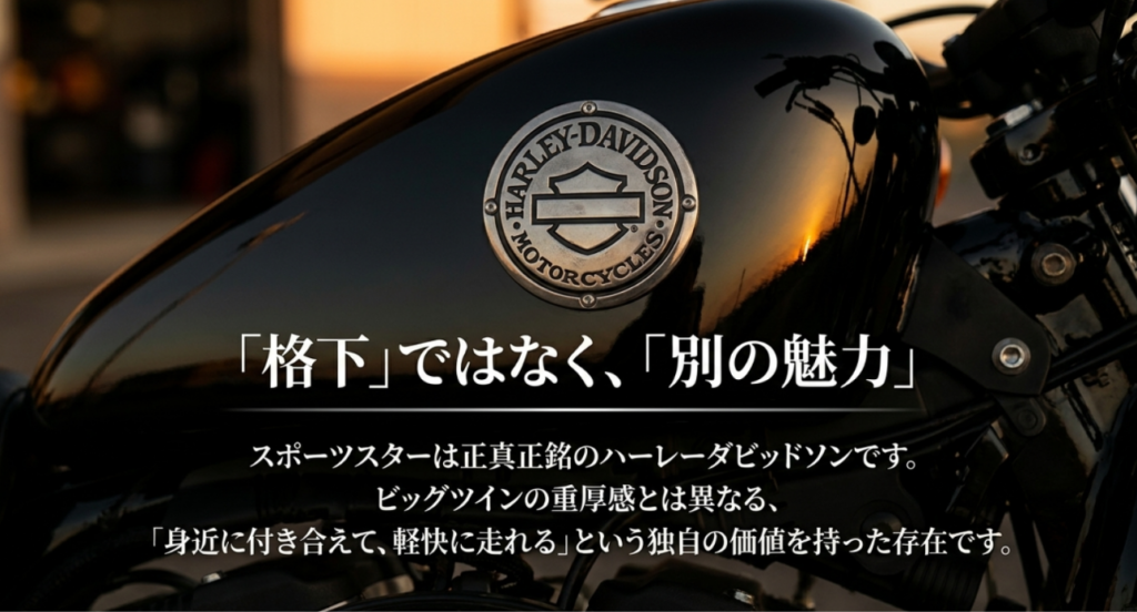 画像タイトル: スポーツスターは格下ではなく別の魅力を持つ存在
代替テキスト: タンク部分を背景に、スポーツスターは格下ではなく身近に付き合えて軽快に走れる独自の魅力を持つ存在だと示したスライド