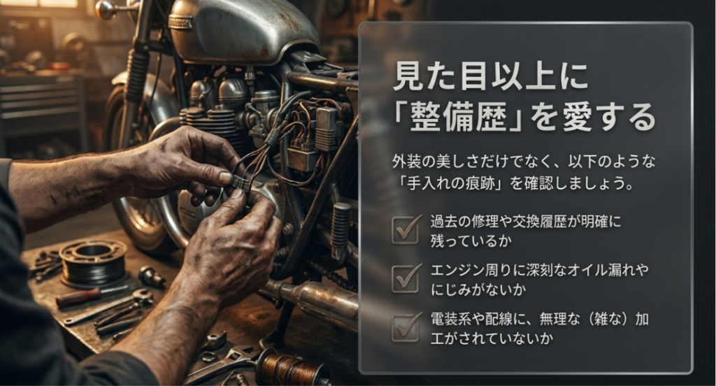 画像タイトル: 4速スポーツスターは見た目以上に整備履歴を確認する
代替テキスト: 4速スポーツスターの中古車では外装の美しさだけでなく、過去の修理や交換履歴、オイル漏れ、電装や配線の状態を確認する必要があることを示すスライド