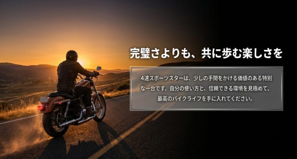 画像タイトル: 4速スポーツスターは完璧さより共に歩む楽しさで選ぶ
代替テキスト: 4速スポーツスターは完璧な中古車を探すより、自分の使い方と信頼できる整備環境を見極めて、共に歩む楽しさを大切に選ぶべきだと伝える締めのスライド