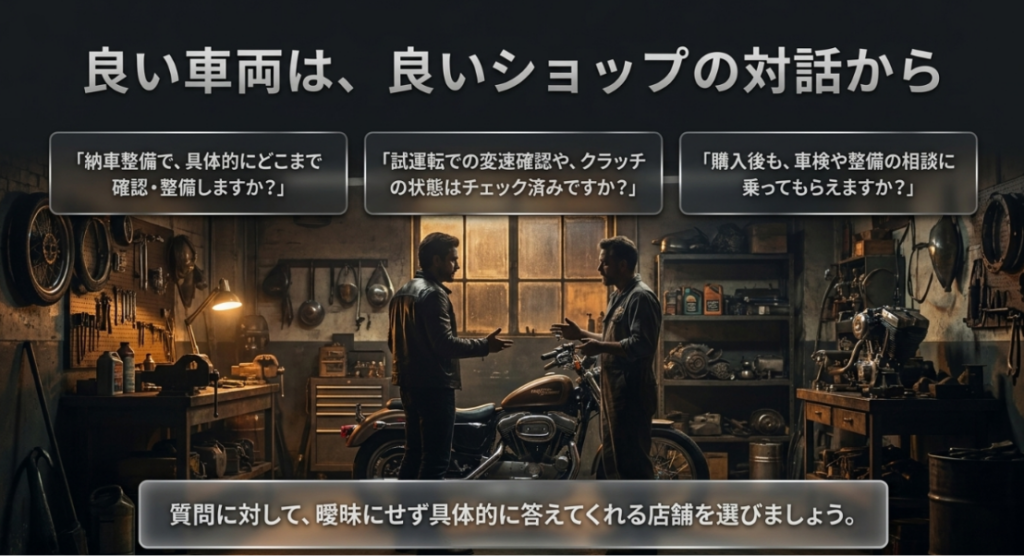 画像タイトル: 4速スポーツスターは良いショップとの対話で見極める
代替テキスト: 4速スポーツスターの中古購入では、納車整備の範囲、試運転での変速確認、購入後の整備相談について販売店に具体的に質問する重要性を示すスライド