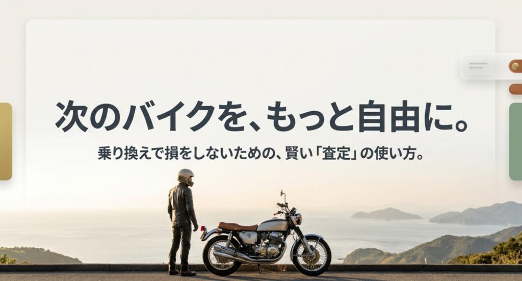 画像タイトル: 次のバイクへ自由に乗り換えるための査定活用
代替テキスト: 次のバイクへ自由に乗り換えるために、乗り換え前の査定を賢く活用する考え方を示したスライド