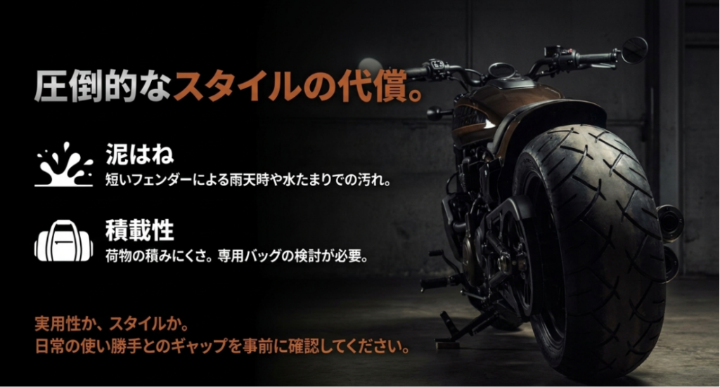 画像タイトル: スポーツスターSのスタイルと実用性の注意点
代替テキスト: スポーツスターSの短いフェンダーによる泥はねや積載性の低さなど、圧倒的なスタイルの代償を示したスライド