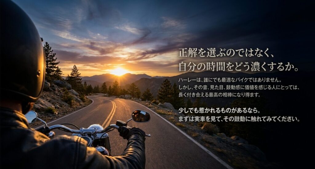 画像タイトル: 正解ではなく自分の時間を濃くするバイク選び
代替テキスト: 夕日の山道を走るライダーの視点から、自分の時間をどう濃くするかというバイク選びの結論を示したスライド