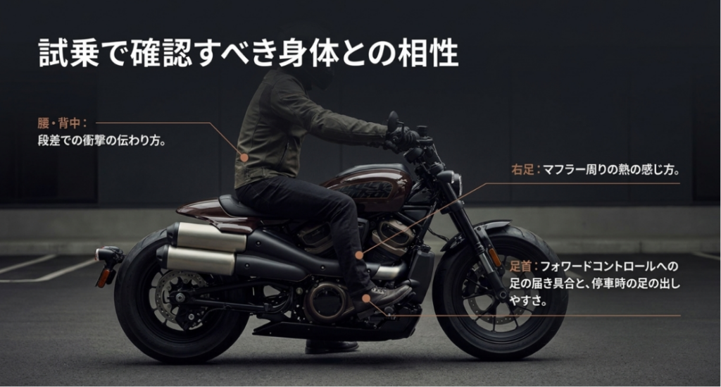 画像タイトル: スポーツスターS試乗時に確認すべき身体との相性
代替テキスト: スポーツスターSの試乗時に腰や背中、右足周りの熱、フォワードコントロールへの足の届き方を確認する重要性を示したスライド