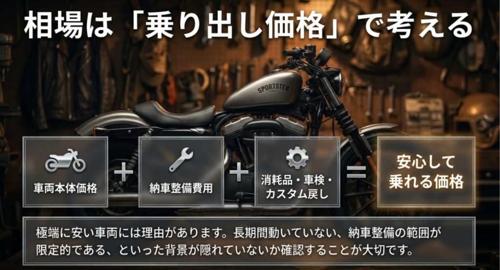 画像タイトル: 4速スポーツスターの相場は乗り出し価格で考える
代替テキスト: 4速スポーツスターの中古相場は車両本体価格だけでなく、納車整備費用や消耗品、車検、カスタム戻し費用を含めて判断する必要があることを示すスライド