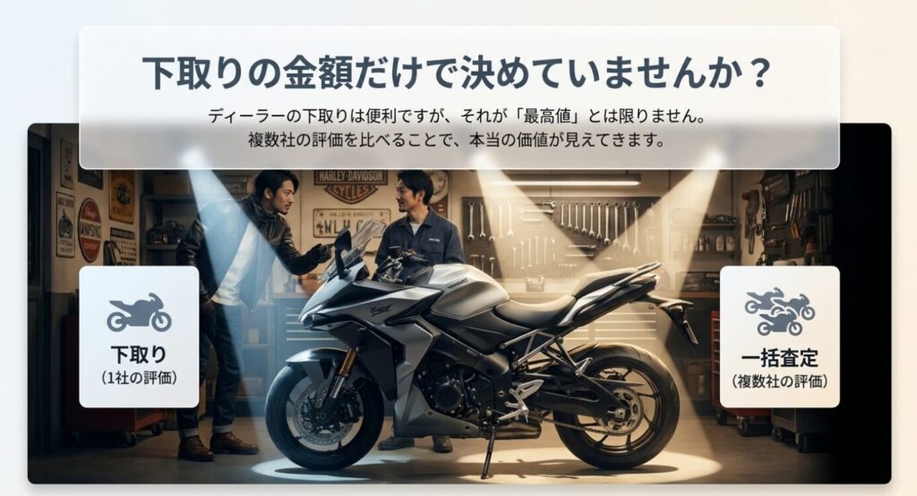 画像タイトル: 下取り額だけで決めず一括査定と比較する
代替テキスト: ディーラー下取りは便利だが、複数社の一括査定と比較することで愛車の本当の価値を確認できることを示したスライド