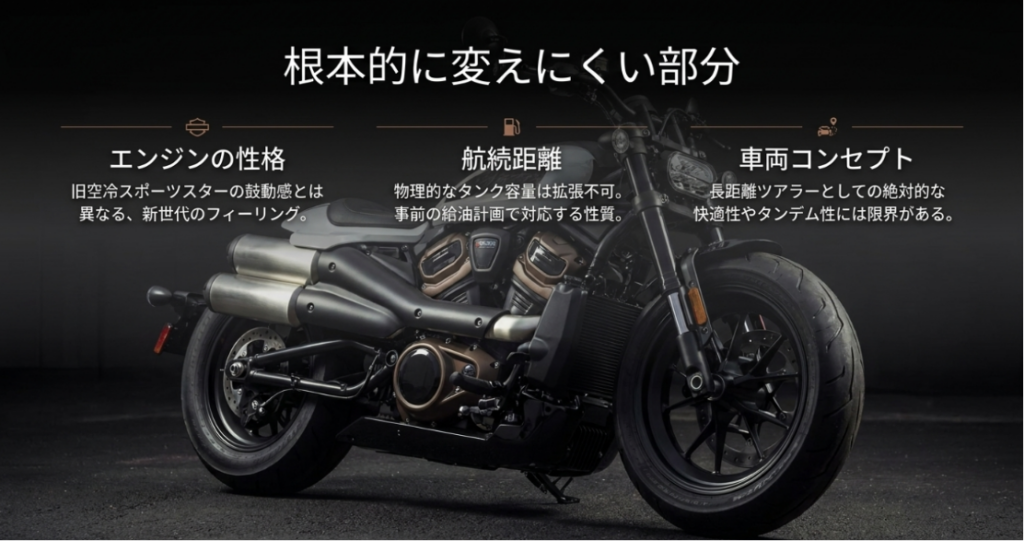 画像タイトル: スポーツスターSで根本的に変えにくい部分
代替テキスト: スポーツスターSのエンジンの性格、航続距離、車両コンセプトなどカスタムでは根本的に変えにくい部分を示したスライド