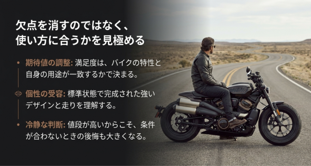 画像タイトル: スポーツスターSは使い方に合うかで判断する
代替テキスト: スポーツスターSは欠点を消すよりも期待値を調整し、自分の用途に合うかを見極めることが大切だと示したスライド