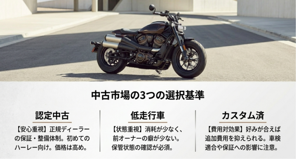 画像タイトル: スポーツスターS中古市場の3つの選択基準
代替テキスト: スポーツスターSの中古車を認定中古、低走行車、カスタム済みの3つの視点で選ぶ基準を示したスライド