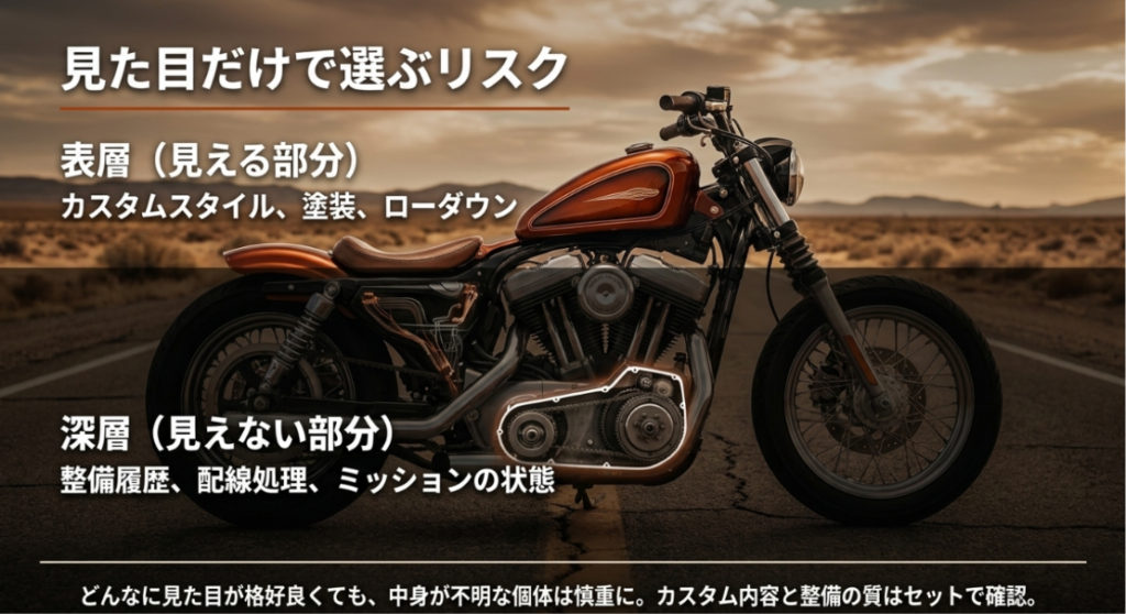 画像タイトル: 4速スポーツスターを見た目だけで選ぶリスク
代替テキスト: カスタムスタイルや塗装などの表層だけでなく、整備履歴、配線処理、ミッションの状態など見えない部分の確認が重要であることを示すスライド