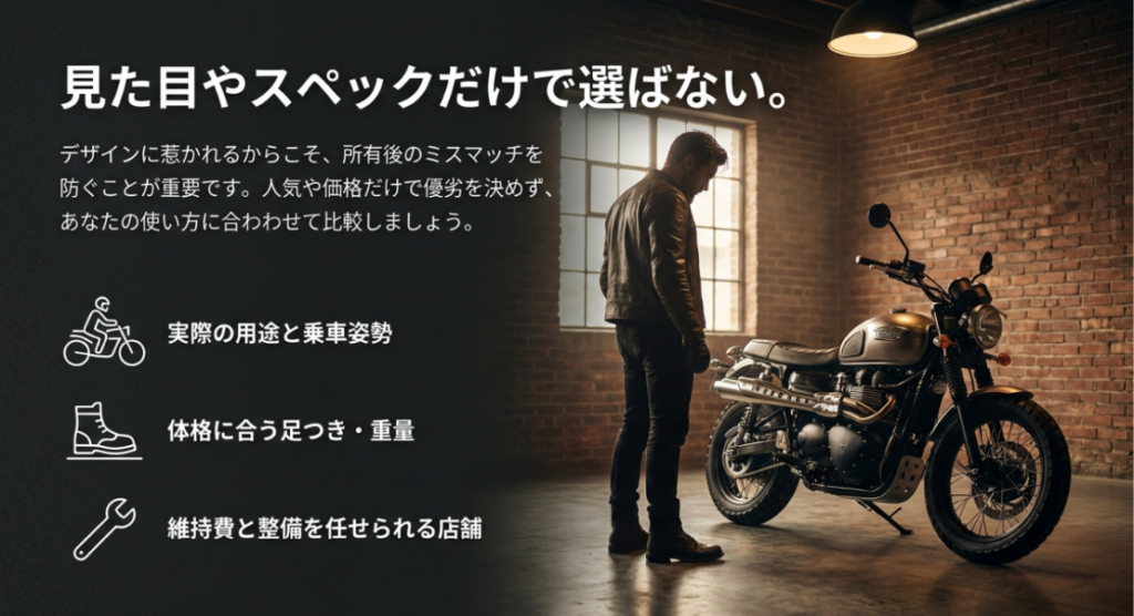 ガレージでバイクを確認する男性と、用途・乗車姿勢、足つき・重量、維持費・整備店の3つの比較項目