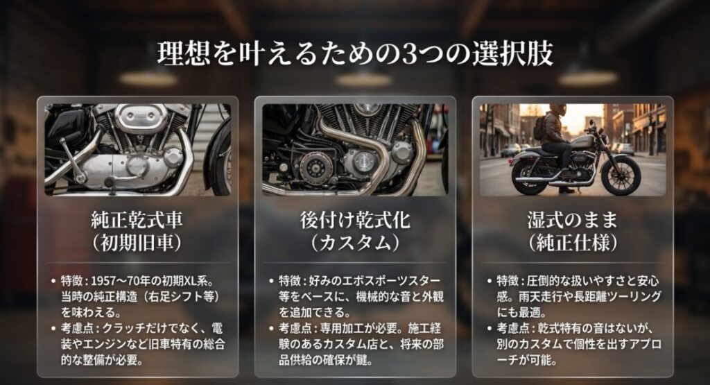 純正乾式車の購入、後付け乾式化、湿式クラッチの純正維持という3つの選択肢と、それぞれの特徴や注意点を比較したスライド