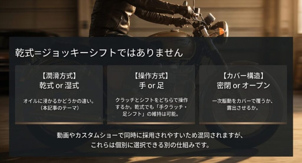 乾式と湿式の潤滑方式、手と足による操作方式、密閉とオープンのカバー構造が別の仕組みであることを示したスライド