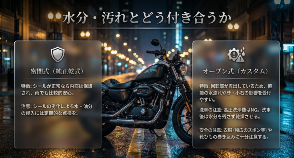 密閉式乾式クラッチとオープン式乾式クラッチについて、雨水や汚れの影響、洗車、乾燥、巻き込みへの注意点を比較したスライド