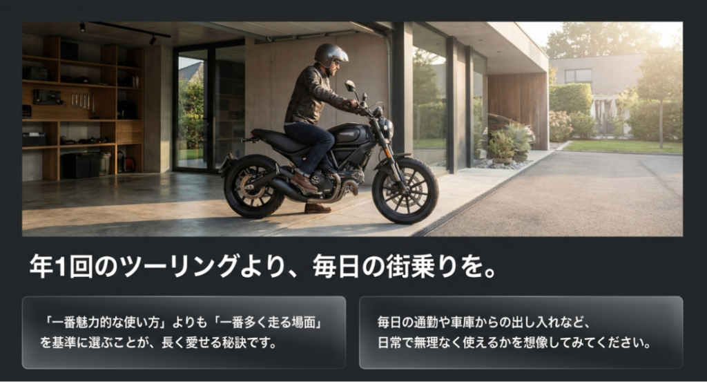 自宅ガレージからバイクを出すライダーと、ツーリングより毎日の街乗りや出し入れを重視する選び方