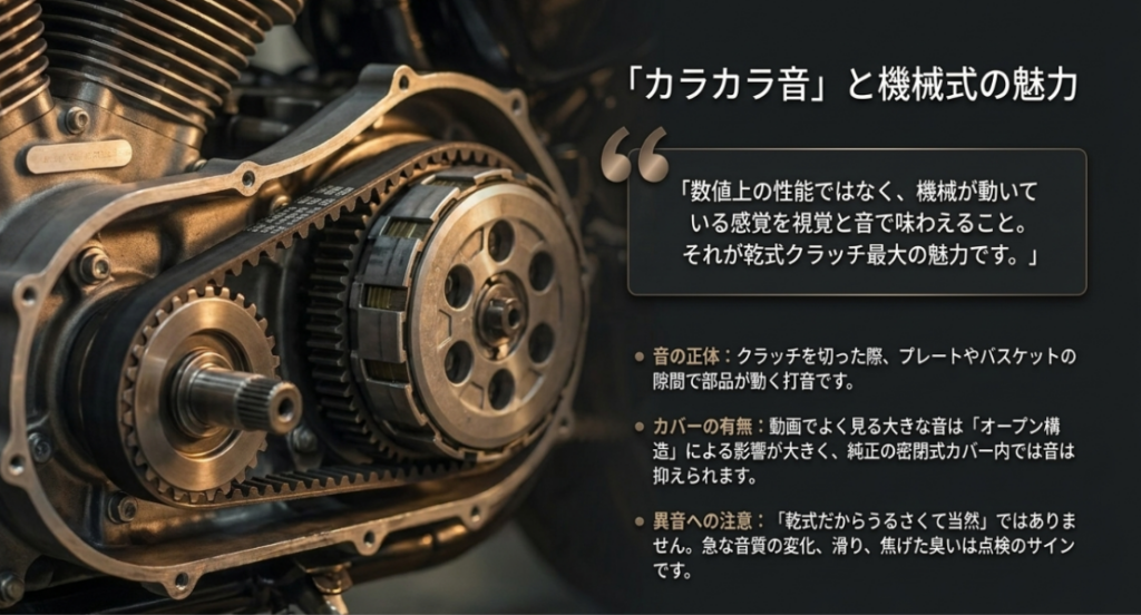 オープンベルトと乾式クラッチの構造を背景に、カラカラ音の仕組み、カバーによる音の違い、異常音の注意点を示したスライド