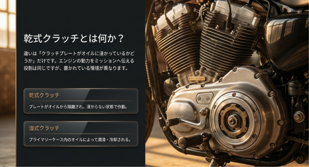 乾式クラッチはオイルから隔離され、湿式クラッチはプライマリーオイルで潤滑・冷却される違いを示したスライド