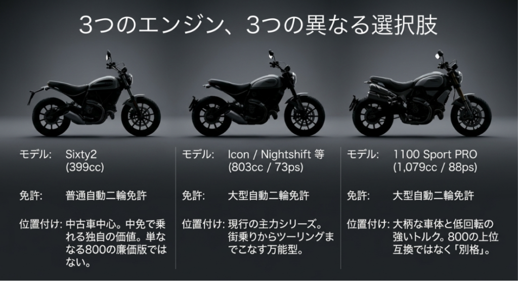 Sixty2、Icon・Nightshift、1100 Sport PROを排気量、最高出力、必要免許、モデルの位置付けで比較した図