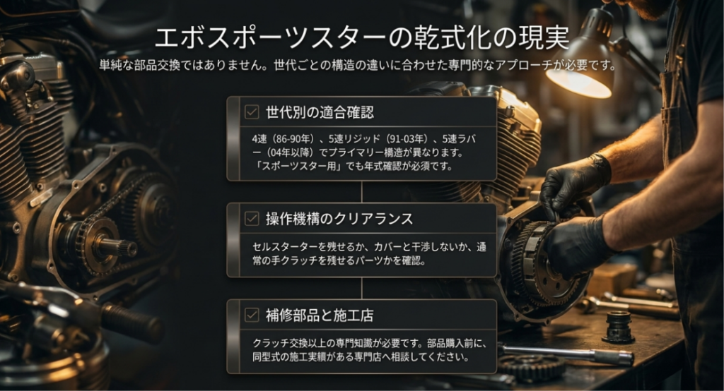 エボスポーツスターを乾式化する際に必要な世代別の適合確認、操作機構のクリアランス、補修部品と施工店の確認事項