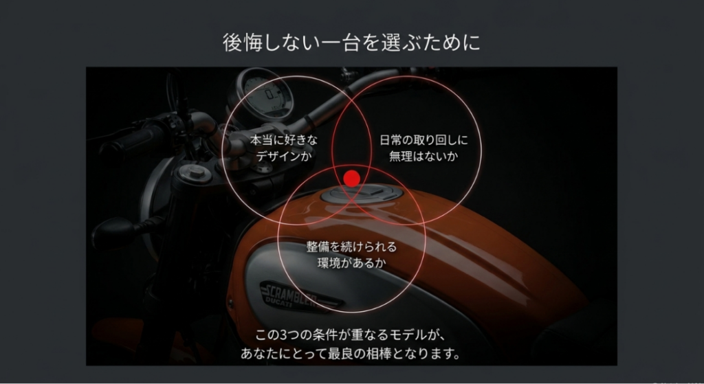 好みのデザイン、日常の取り回し、整備を継続できる環境の重なりから最適なバイクを選ぶベン図