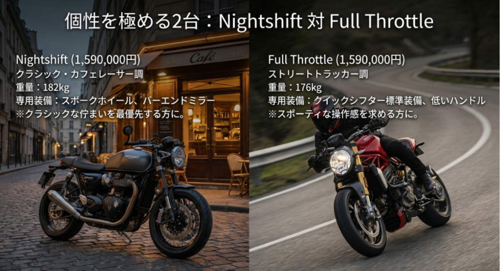 クラシックなNightshiftとスポーティなFull Throttleを価格、重量、ホイール、ミラー、クイックシフターなどの装備で比較した図