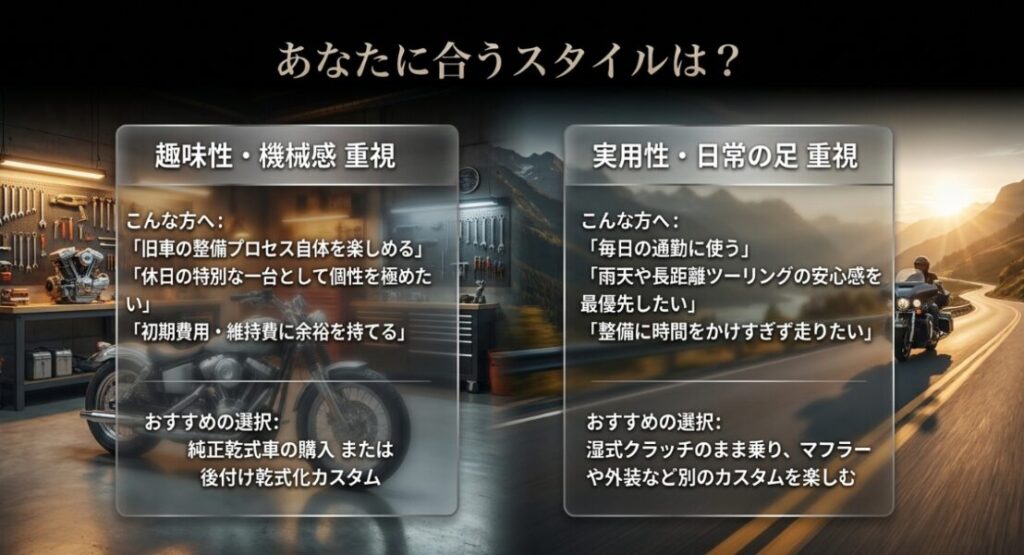 趣味性や機械感を重視するライダーには乾式クラッチ、通勤や雨天走行など実用性を重視するライダーには湿式クラッチを提案するスライド