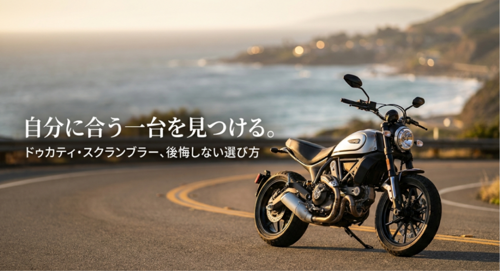 海沿いの道路に停車した白いドゥカティ・スクランブラーと、自分に合う一台を見つける選び方を示した表紙
