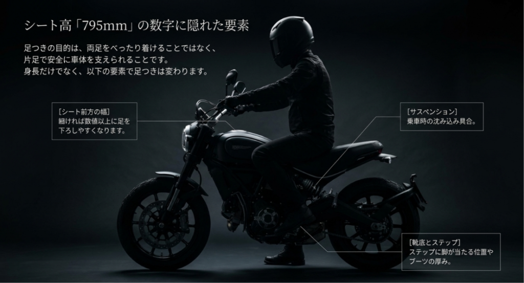 バイクにまたがるライダーと、シート前方の幅、サスペンションの沈み込み、靴底やステップ位置が足つきに与える影響