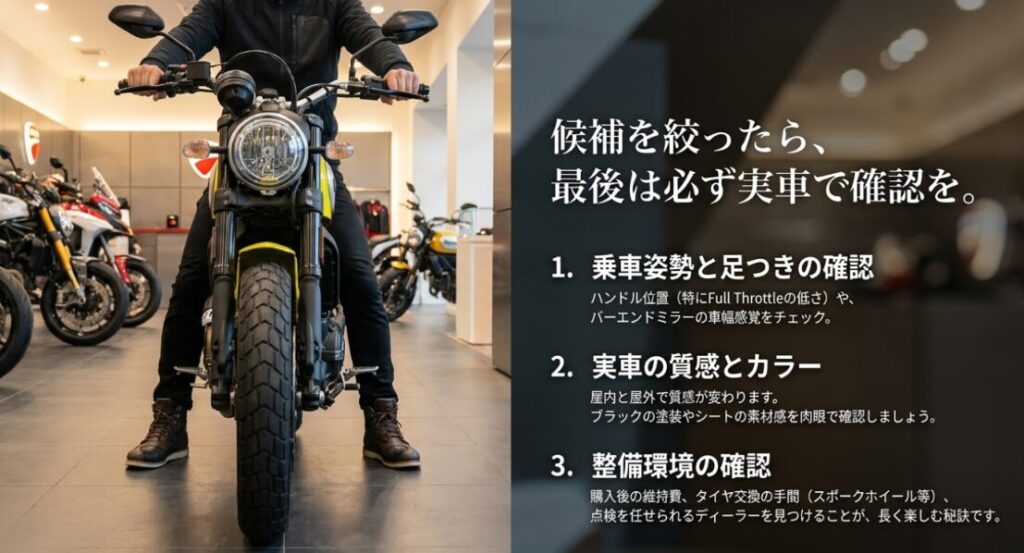 販売店でスクランブラーにまたがる様子と、乗車姿勢・足つき、実車の質感・カラー、購入後の整備環境を確認するポイント