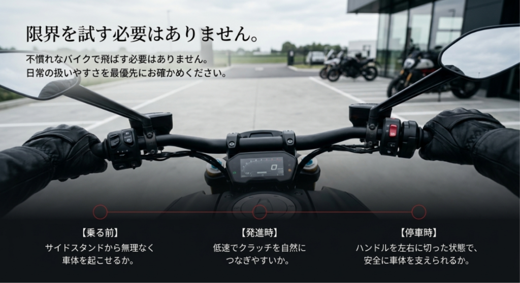 ライダー目線のハンドル周辺と、車体の引き起こし、低速でのクラッチ操作、停車時の支えやすさを確認する試乗ポイント