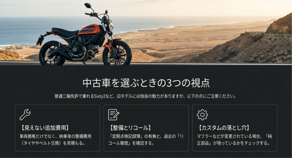海沿いに停車したバイクと、中古車の追加整備費用、点検・リコール履歴、カスタム後の純正部品を確認するポイント