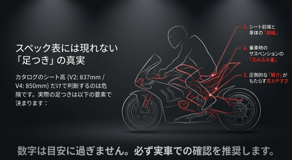 パニガーレの足つきはシート高だけでなく車体幅、サスペンションの沈み込み、車体の軽さにも左右されることを示した図