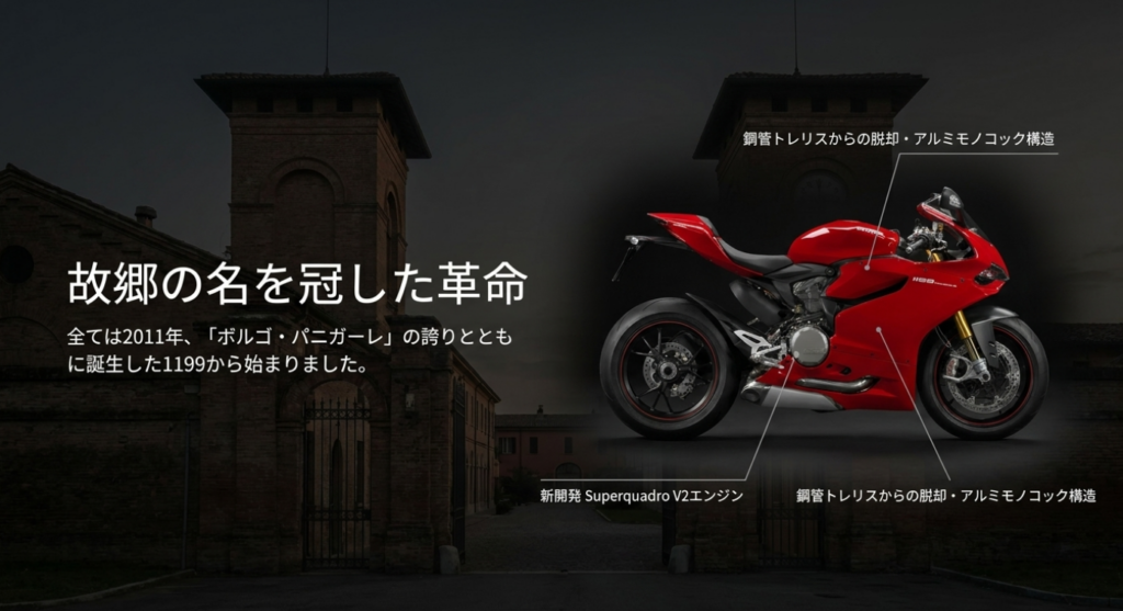 1199 Panigaleとボルゴ・パニガーレを背景にSuperquadroエンジンとアルミモノコック構造を示したスライド