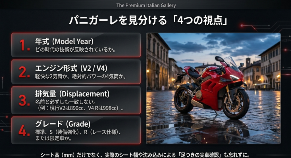 パニガーレを年式・エンジン形式・排気量・グレードの4項目から見分ける方法を整理した図