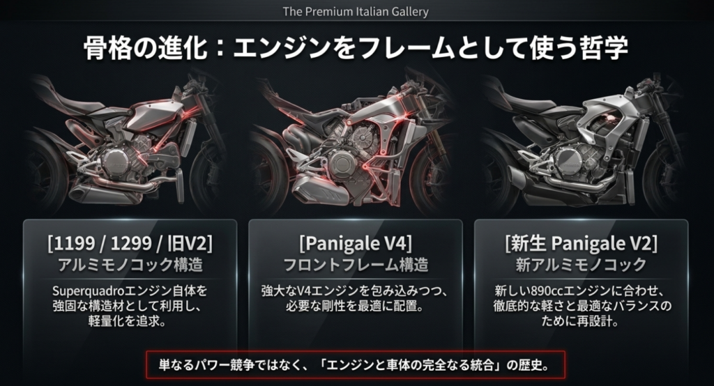 1199・1299・旧V2のアルミモノコック、V4のフロントフレーム、新V2の新モノコックを比較した図