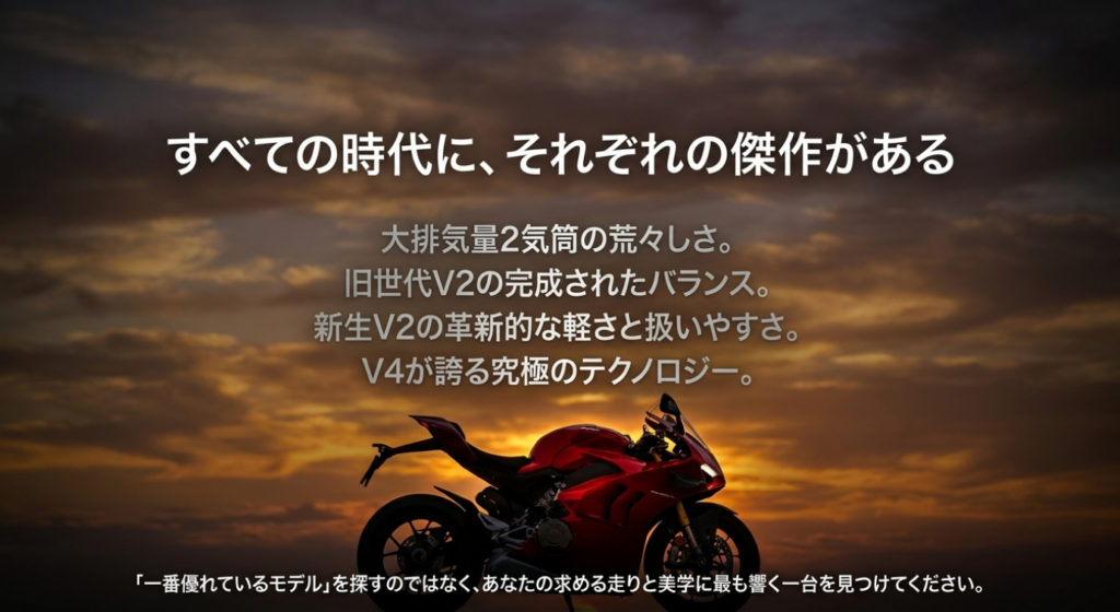 大排気量2気筒、旧V2、新世代V2、V4それぞれの特徴と魅力を夕景のパニガーレとともにまとめたスライド