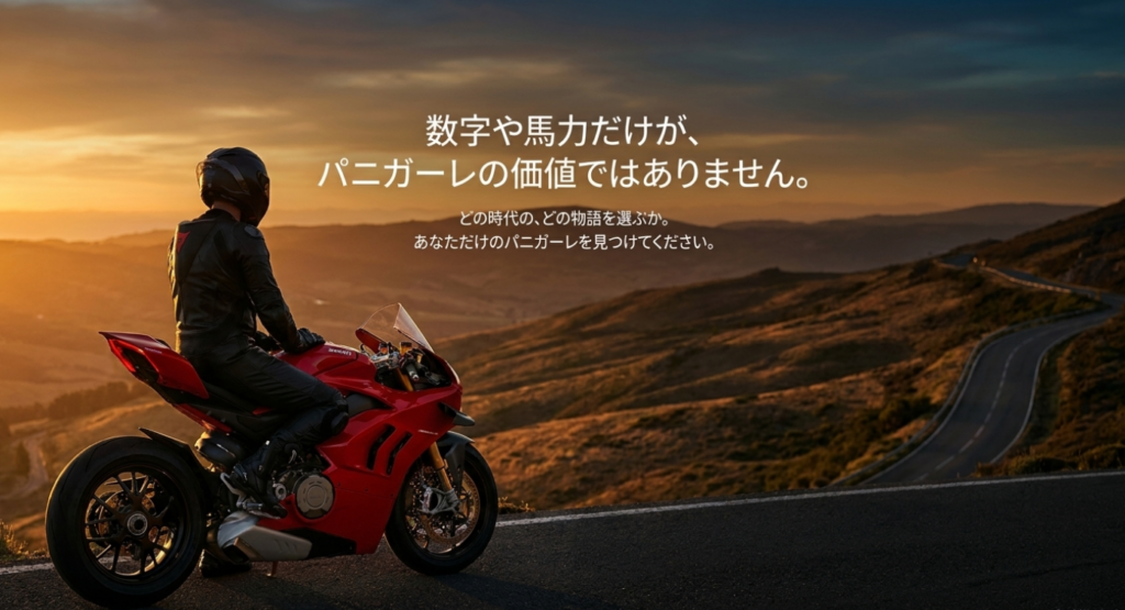 夕暮れの峠でパニガーレとライダーを描き歴代モデルそれぞれの価値を伝えるスライド