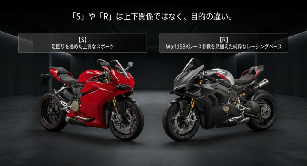 パニガーレSの上質なスポーツ性能とRのレース志向という目的の違いを比較したスライド