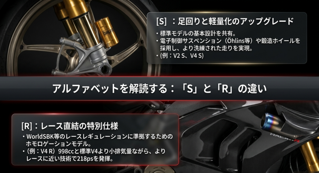 PanigaleのSが足回りと軽量化を強化する仕様、Rがレース直結の仕様である違いを解説した図