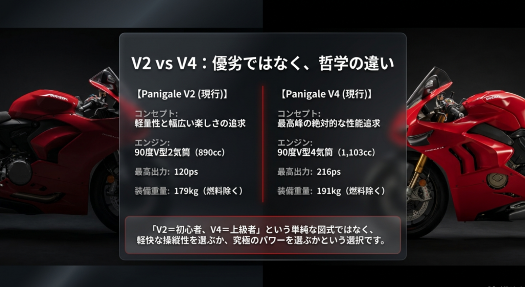 現行Panigale V2とV4のエンジン・出力・重量・コンセプトの違いを比較した図