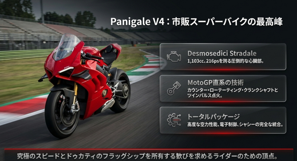 Panigale V4のDesmosedici StradaleエンジンやMotoGP由来技術、空力と電子制御を解説した図